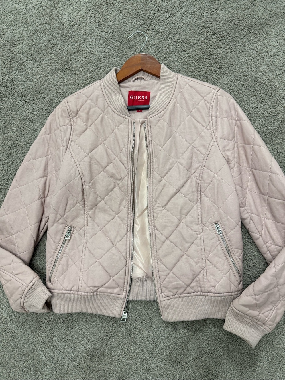 Womens Sz M GUESS Quilted Bomber Jacket in Light Pink